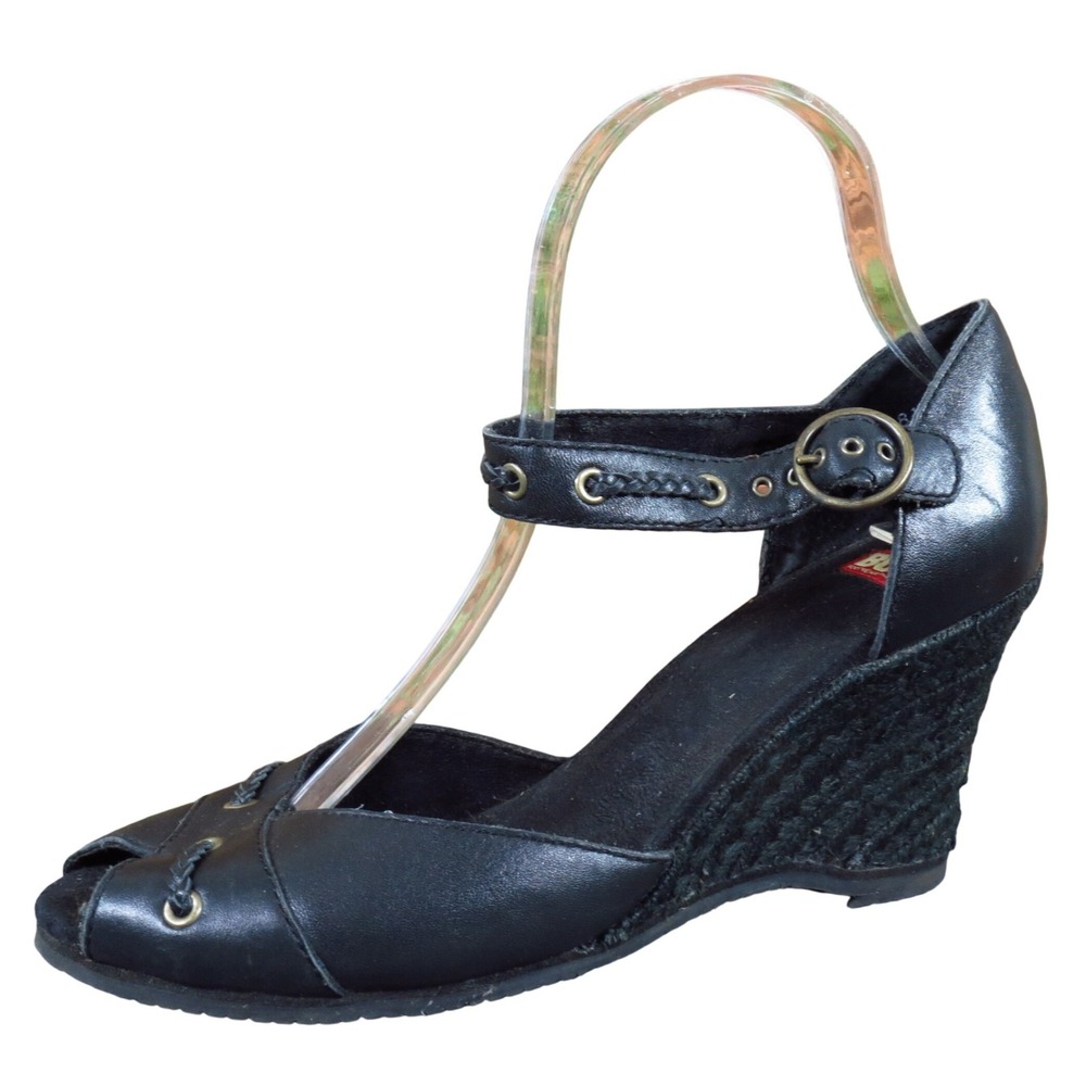 BC Footwear Women Wedge Heel Size 8.5 Casual Dress Black Leather Espadrille